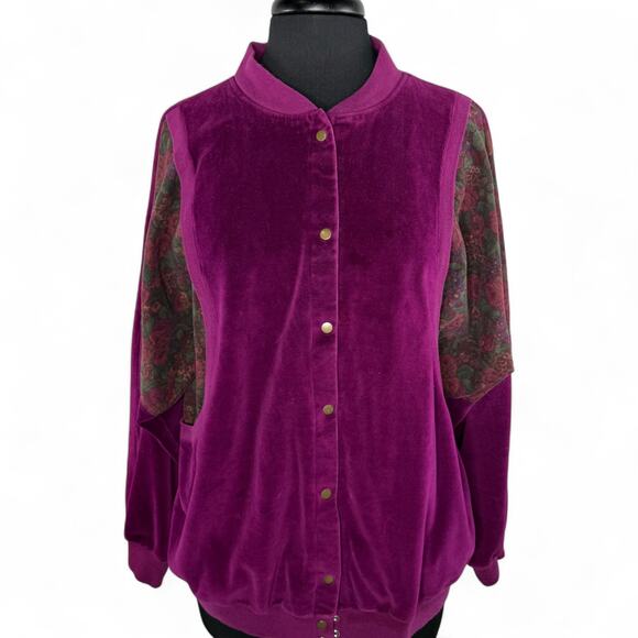 Vintage SK Sport Velvet Bomber Jacket Large Magenta Floral Coquette Academia 80s - Picture 1 of 12